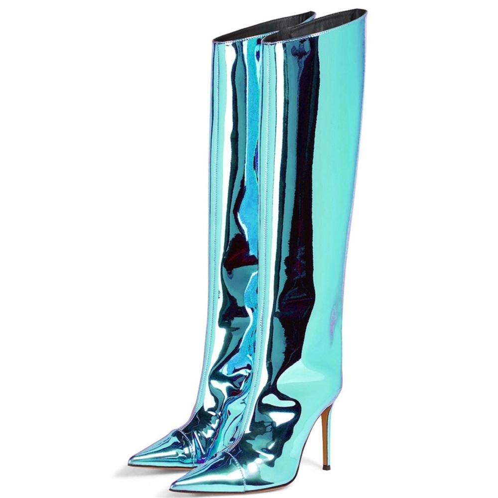Aqua Metallic Boots
- Knee High Boot
- Pointy Toe
- Stiletto Heel, Approx. 4"
